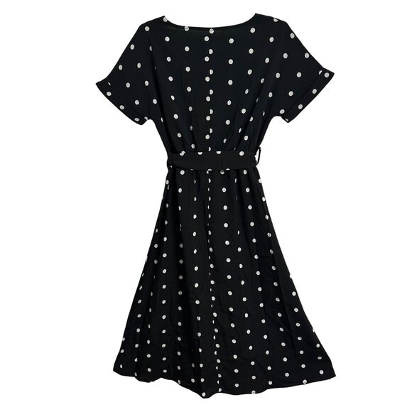 Black Polka Dot Button-Skirt Belted Midi Dress Business Career Academia SZ M - Picture 3 of 4